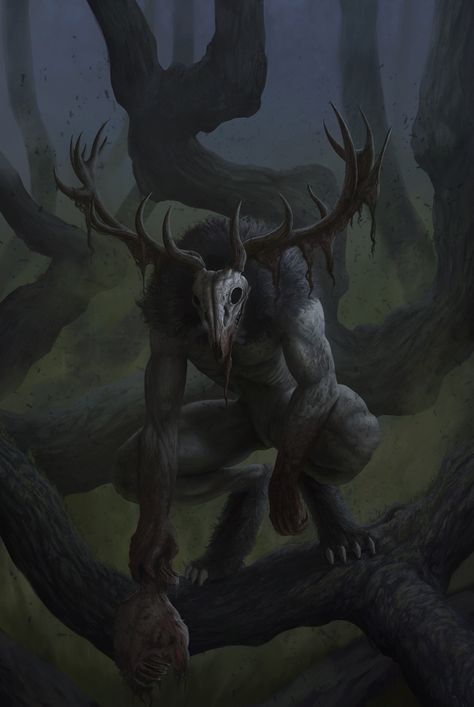 ArtStation - The Wendigo, Mickaël Bois Humanoid Wendigo, Windigo Monster Art, Were Creatures Concept Art, Wendigo Pictures, Wendigo Concept Art, Wendigo Oc Human, Wendigo Human Form, Windego Art, Dnd Wendigo