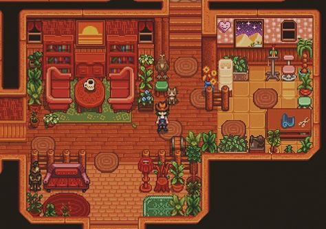 Stardew Valley Shipping Bin Layout, Cellar Layout Stardew, Stardew Valley Small House Interior, Grandpa Shrine Stardew, Stardew Valley House Interior Living Room, Stardew Valley Cubby Design, Stardew Valley Room Decor, Stardew Valley Library Layout, Stardew Valley Living Room Ideas