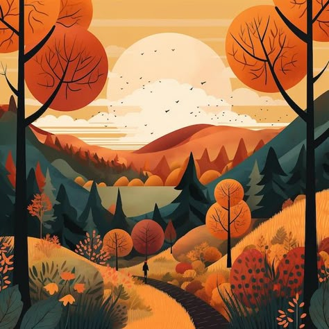 Nature Aesthetic Illustration, Illustration Art Forest, Autumn Nature Drawing, Procreate Illustration Ideas, Illustration Art Landscape, Fall Scenery Autumn Scenes, Illustrative Landscape, Autumn Animation, Fall Scene Illustration