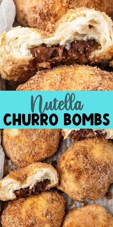 Nutella Churro Bombs are easy chocolate Biscuit Bombs coated in cinnamon sugar like a churro - these are perfect for breakfast, brunch or dessert! Pilsbury Desert, Desserts Made With Biscuit Dough, Pillsbury Biscuit Recipes Nutella, Breakfast Nutella Recipes, Baking Recipes Fall Desserts, Nutella And Pie Crust Recipes, Easy Desserts Finger Food, Dessert Using Biscuits, Desserts To Make With Biscuits