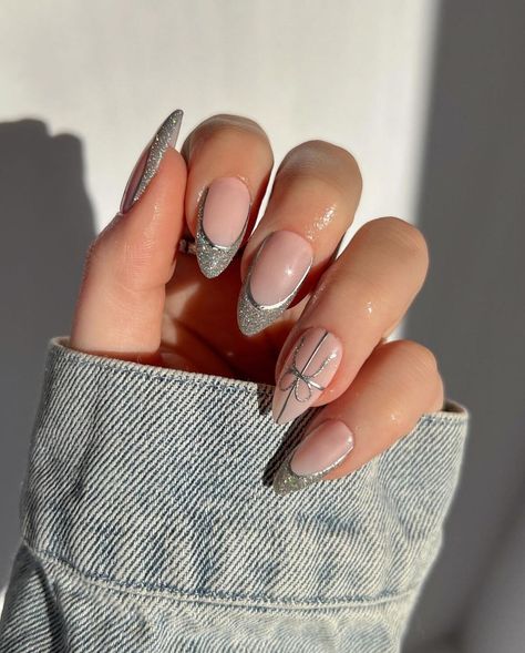 3. Elegant Silver French Tips with Bow Accent Nail Silver French Tips, New Year Nail, Silver Nail Designs, Winter Manicure, Green Nail Designs, Silver Nail, Chic Holiday, Vibrant Nails, French Nail Designs