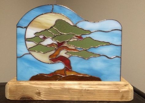 Stained Glass Bonsai Tree, Stain Glass Trees, 4 Seasons Stained Glass Patterns, Stained Glass And Wood Projects, Stained Glass Tree Patterns, Tree Stained Glass Pattern, Stained Glass Trees, Stained Glass Nature, Stained Glass Landscape