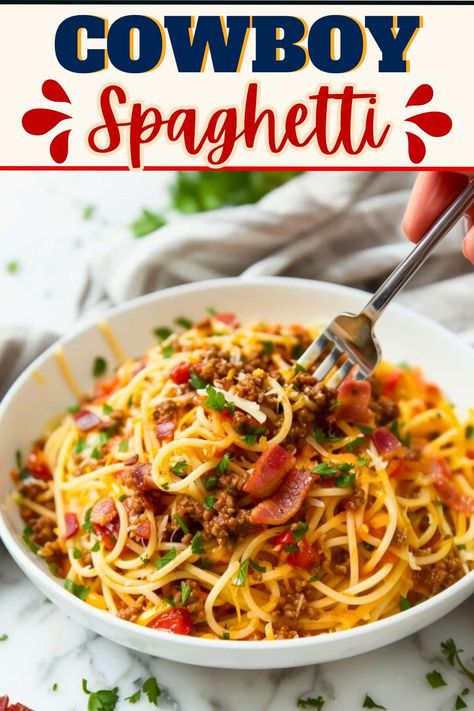 Cowboy spaghetti is a bold twist on classic spaghetti bolognese. Loaded with ground beef and bacon, it brings a hearty and rustic flair to your dinner table. Spaghetti Easy Recipe, Cowboy Spaghetti, Ground Beef And Bacon, Spaghetti Easy, Pasta Side Dishes, Pasta Dinner Recipes, Spaghetti Bolognese, Spaghetti Recipes, Rigatoni