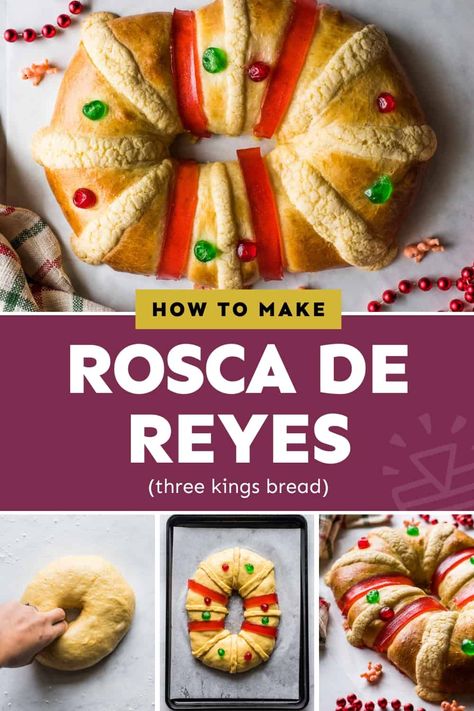 Rosca de Reyes, or Three Kings Bread, is a soft orange-flavored sweet bread that's traditionally made in Mexico to celebrate Three Kings Day. Three Kings Bread Recipe, Kings Bread, Cinnamon French Toast Bake, Three Kings Day, Mexican Sweet Breads, Mexican Bread, Christmas Bread, Breakfast Bread, Soft Orange