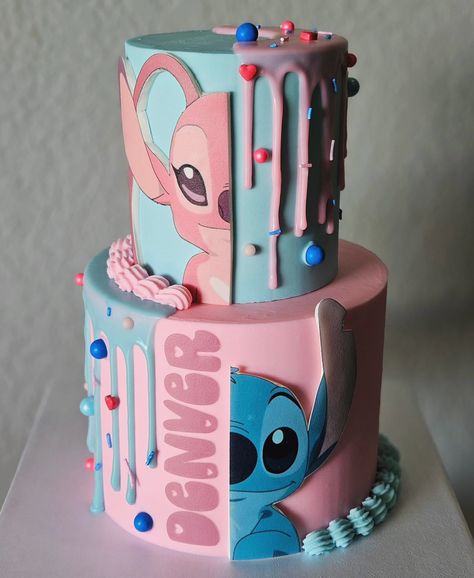 Angel and stitch, chocolate and vanilla 🩷💙 #angelandstitch #cake #copperascovetx Stitch Bday Cake, Angel And Stitch Cake, Stitch Sheet Cake, Stitch And Angel Birthday Cake, Stitch Angel Cake, Stitch Sleepover, Stitch And Angel Party, Stitch Cake Ideas, Stitch Cake Design