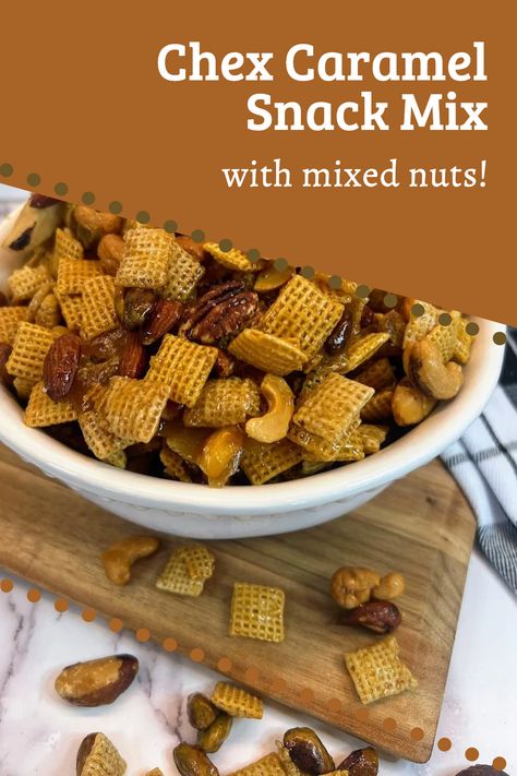 This Chex Caramel Snack Mix with Nuts is a family favorite. My mom made a version of this when I was growing up and the whole family always gobbled it up! I’m using the same basic recipe she used, but I mixed it up a bit by using mixed nuts instead of just almonds and pecans. It's perfect for holiday parties, and game day snacking! 🎄🏈🎄 Candied Chex Mix Recipe, Vanilla Chex Mix Recipes, Caramel Chex Mix Recipes Oven, Honey Nut Chex Mix Recipes, Carmel Chex Mix Recipe, Nuts And Bolts Recipe, Caramel Snack Mix, Caramel Chex Mix, Caramel Chex