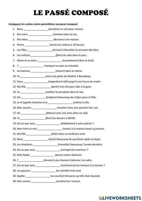 French Worksheets For Beginners, Passe Compose French, French Grammar Exercises, French Lessons For Beginners, Free French Lessons, French Sentences, French Basics, Radical Expressions, French Flashcards