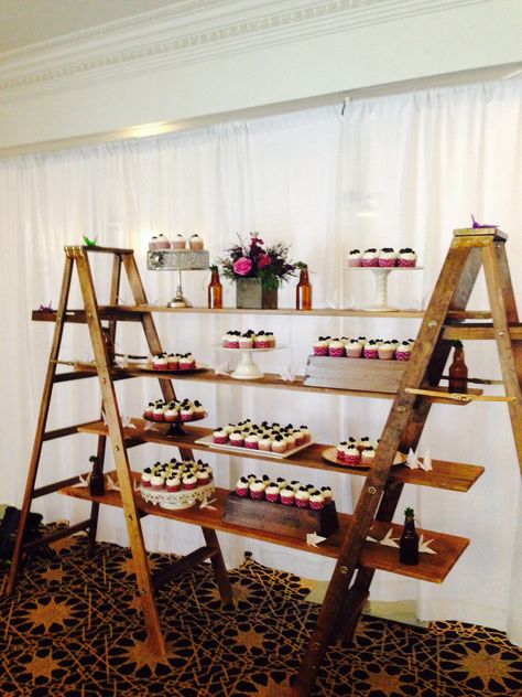 Cupcake Ladder!! A fun way to display your deserts. Ladder shelves by Farm Tables and More, cupcakes by Sugar Girl Confections, planning by Savvy Soirée LLC. Ladder Cupcake Display, Ladder Dessert Display, Cupcake Ladder, Ladder Wedding, Wedding Cupcake Display, Cupcake Table, Ladder Display, 21st Ideas, Ladder Shelves