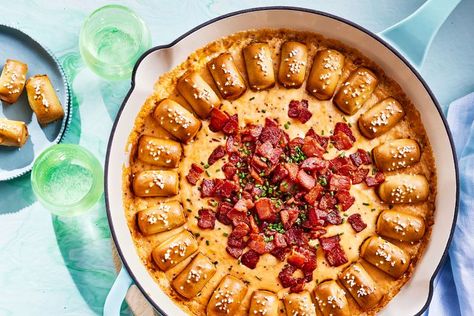 Skillet Beer-Cheese Dip With Pretzel Bites Skillet Beer Cheese Dip, Skillet Beer Cheese, Hearty Dips, Frozen Pretzels, Cheesy Appetizer, Baked Goat Cheese, Beer Cheese Dip, Classic Appetizers, Creamy Dip