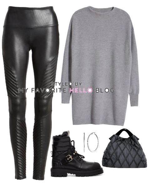 Moto Leggings Outfit Winter, Long Sweater Outfits Leggings, Moto Leggings Outfit, Leggings And Sweater, Gray Sweatshirt Outfit, Long Sweater Outfits, Grey Long Sweater, Sporty Chic Outfits, White Boots Outfit