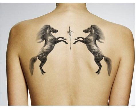 Prancing Horse Tattoo Designed by : Attila Cete #horse #prancing #sword #blade #wild #tattoo #drawing #design Large Horse Tattoo, Thoroughbred Tattoo Ideas, Wild Horse Tattoo, Horse Prancing, Stallion Tattoo, Tom Tattoo, Bff Tats, Horse Tattoo Design, Prancing Horse