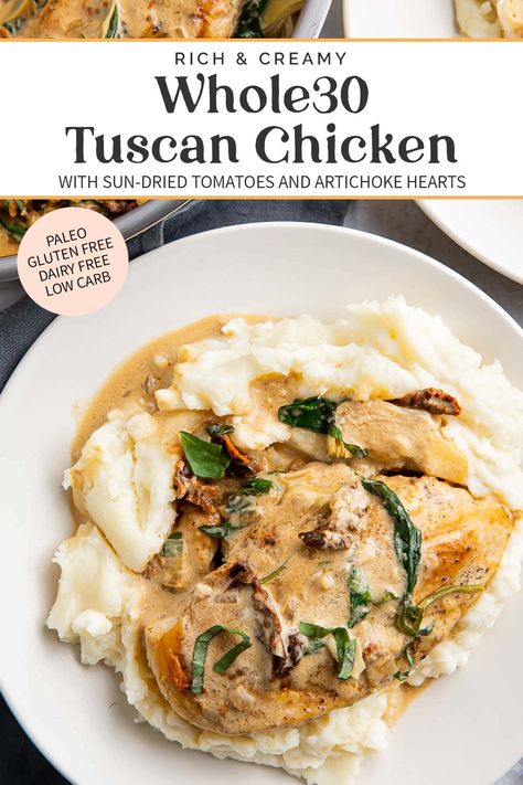 This healthy creamy Whole30 Tuscan chicken with artichokes is such an amazing Italian dinner recipe, and it's good for you, too! Whole30 and paleo, it's dairy-free but still super creamy, loaded with spinach, sun-dried tomatoes, and artichoke hearts. It's a quick and easy skillet dinner, perfect for a weeknight. One of our favorite paleo recipes. Chicken With Artichokes, Easy Skillet Dinner, Whole30 Dinner Recipes, Whole 30 Meal Plan, Easy Whole 30 Recipes, Italian Dinner Recipes, Whole30 Dinners, Whole 30 Diet, Easy Skillet