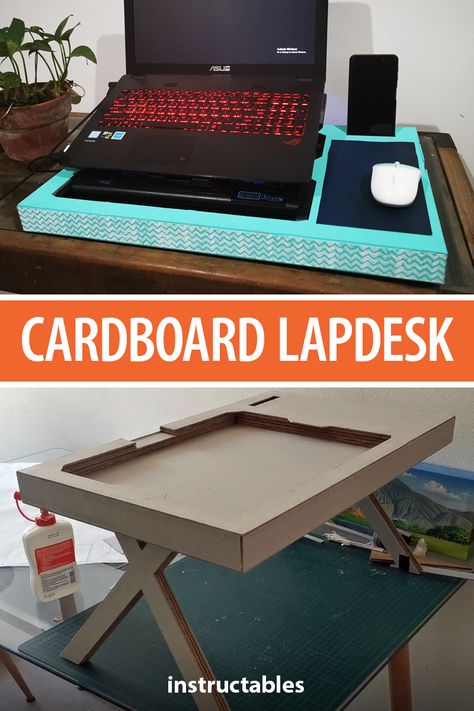 Build a useful lap desk with foldable legs, drawer, and a slot for cellphone from cardboard.  #Instructables #reuse #upcycle #laptop #Autocad Recycleable Projects, Lap Desk Diy, Diy Lap Desk, Crafts Cardboard, Diy Organize, Cardboard Ideas, Tire Chairs, Reuse Old Tires, Cardboard Organizer