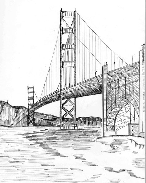 #suspensionbridge #pencilart #drawing #pencil Building Line Art Architecture, Bridge Perspective Drawing, Famous Buildings Drawing, Drawings Of Bridges, Bridge Sketch Simple, Drawing Buildings Sketch Easy, Bridge Sketch, Arcade Architecture, Bridge Drawing