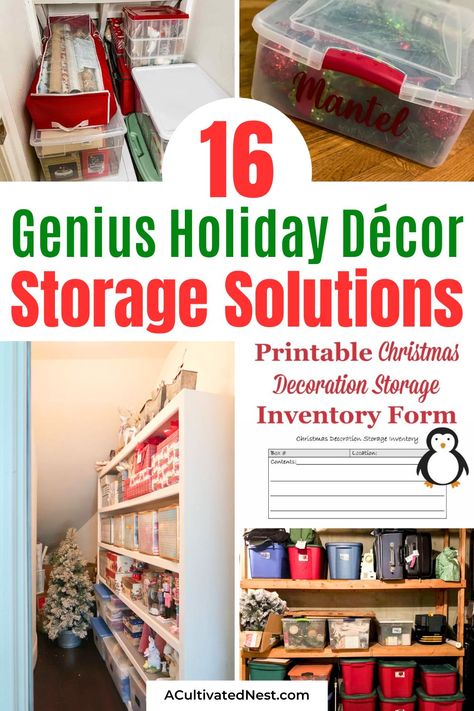 16 Genius Holiday Décor Storage Solutions- Transform your holiday storage game with these innovative holiday décor storage solutions! Whether you're dealing with small spaces or bulky decorations, these clever ideas will keep everything safe and organized. Don't miss out on these essential tips for a hassle-free post-holiday cleanup! | organizing Christmas ornaments, organizing Halloween decor, organizing Thanksgiving decorations, #HolidayOrganization #StorageHacks #SeasonalDecor #ChristmasDecorations #ACultivatedNest Christmas Wrapping Paper Storage, Storage Ideas For Christmas Decorations, Seasonal Decor Storage Organizing Ideas, How To Store Holiday Decorations, Ornament Storage Diy, Christmas Storage Ideas Organizing, Holiday Decoration Storage, Christmas Storage Hacks, Christmas Village Storage Ideas