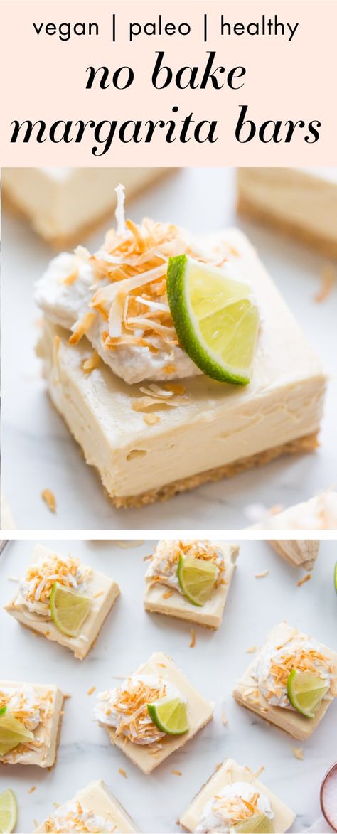 These no bake margarita bars are so creamy and citrusy with a salted crust, absolutely perfect for spring and summer! These no bake margarita bars are vegan and paleo, too, making them a light but totally satisfying healthy dessert. If you're looking for a stunning vegan no bake dessert or no bake paleo dessert, these no bake margarita bars are totally it! #nobake #margarita #vegan #paleo #vegandesserts #paleodesserts #vegandessert #paleodessert Margarita Bars, Paleo Friendly Desserts, 40 Aprons, Paleo Dessert Recipes, Margarita Bar, Healthy No Bake, Vegan Protein Bars, Paleo Recipes Dessert, Dessert Healthy