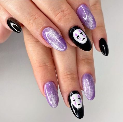 Nail Art Designs Studio Ghibli, Anime Character Nail Art, No Face Nail Art, Studio Ghibli Nails Acrylic, Studio Ghibli Nail Art Simple, Ghibli Nails Acrylic, Studio Ghibli Nail Designs, Ghibli Nail Designs, Cute Character Nail Art