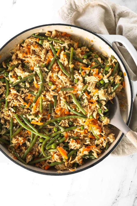 35-Minute Ground Chicken and Rice with Veggies Healthy Rice Dinners, Ground Chicken Green Beans, Chicken Rice And Beans Recipe, Ground Chicken Lunch Recipes, Ground Chicken And Potato Recipes, Ground Chicken Bake, Ground Chicken And Brown Rice Recipes, Ground Chicken Prep Meals, Chicken Rice Veggies Dinners