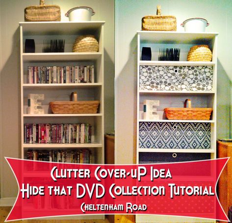 Clutter Cover Up  in Book cases !!Tutorial Cheltenham Road Bookshelf Cover, Dvd Cases, Cube Furniture, Dvd Shelves, Shelf Cover, Open Bookshelves, Built In Cabinet, Kitchen Nook, Cabinet Organization