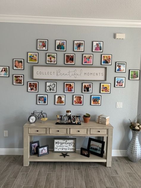 Family And Friends Photo Wall, Family Picture Wall Ideas Bedroom, Staggered Pictures On Wall, Wedding Photo Display Home, Mixtiles Photo Wall, Family Photos Wall Decor, Memories Wall, Picture Wall Living Room, Trailer Makeover