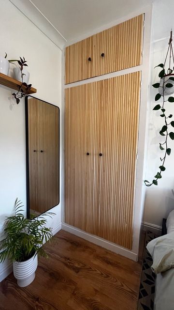 Fitted Wardrobe Renovation, Cupboard Door Makeover, Wallpapered Cupboard Doors, Upcycled Wardrobe Doors, Bedroom With Cupboard Ideas, Half Dowel Furniture, Painted Wooden Wardrobe, Built In Wardrobe Upcycle Ideas, Built In Wardrobe Door Ideas