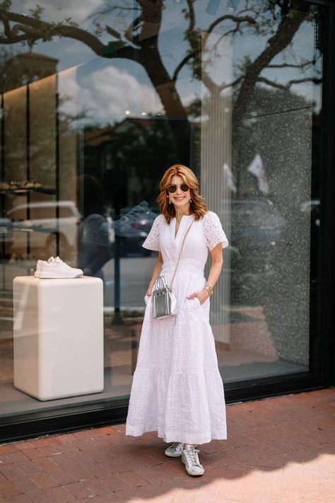 I found this white eyelet dress at Anthropologie a week and a half ago, and there were still lots of them in-store and on the website, but as it goes sometimes, it’s already pretty much sold out! As of seven o’clock this morning, there are still xs and smalls left. It’s a fun knock-around dress that can be dressed up or down. White Eyelet Dress Outfit, Eyelet Dress Outfit, Chic Summer Dresses, White Eyelet Dress, White Eyelet, Eyelet Dress, Summer Outfit Inspiration, Summer Fashion Outfits, 50 Fashion