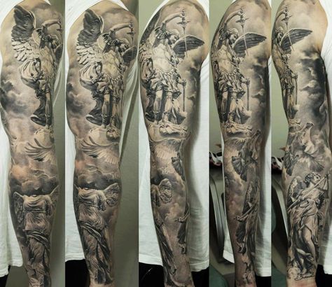 Realistic black and grey sleeve tattoo of Statuary motive by Dmitriy Samohin | Post 13770 | World Tattoo Gallery - Best place to Tattoo Arts Black And Grey Sleeve, Holy Tattoos, Girls With Sleeve Tattoos, Geniale Tattoos, Full Sleeve Tattoos, Arm Sleeve Tattoos, Sleeves Ideas, Best Sleeve Tattoos, Tattoos Designs