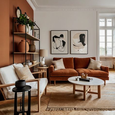 Terracota Walls Living Rooms, Burnt Orange Lounge, Terracota Living Rooms, Terracotta Lounge, Burnt Orange Living Room, Deco Salon, Orange Sofa, Living Room Orange, Sofa Decor