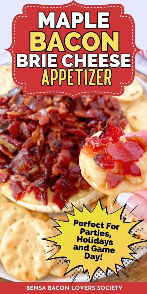 This simple appetizer features melting Brie cheese smothered in a delicious maple bacon topping. A perfect mix of sweet and savory, it's a crowd-pleaser for any gathering or celebration. Perfect for parties, potlucks, holidays, or game day! Maple Bacon Baked Brie, Maple Bacon Brie, Brie With Bacon, Bacon Baked Brie, Dinner Recipes Bacon, Stuffing With Bacon, Breakfast Ideas For Christmas Morning, Bacon Grease Uses, Bacon Dinner Recipes