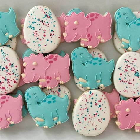 1st Birthday Dinosaur Cookies, Dinosaur Gender Reveal, Dinosaur Cookies 3rd Birthday, Dino Theme Cookies, Baby Dinosaur Cookies Decorated, Girly Dinosaur Cookies, Cookies Gender Reveal, First Birthday Dinosaur, Gender Reveal Candy