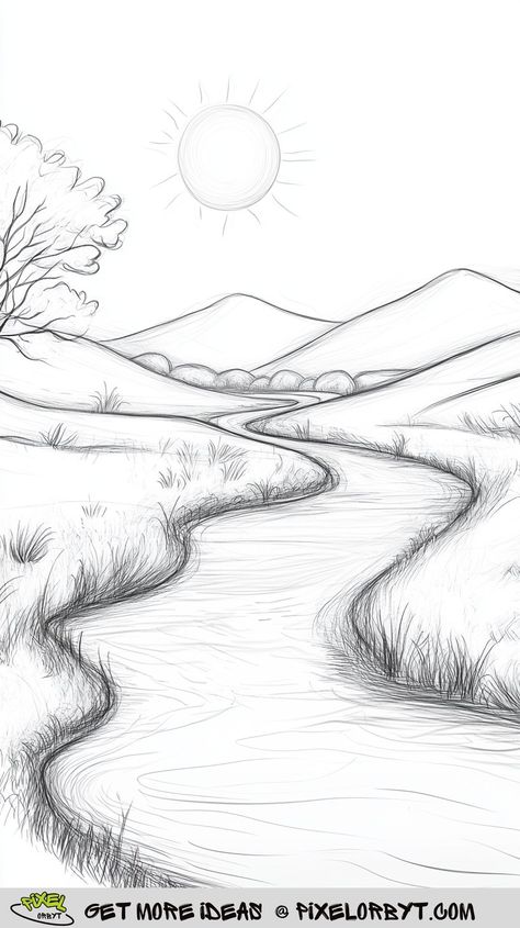 Looking for breathtaking scenery drawing ideas? This guide will inspire your next artistic journey! Whether you love sketching mountains, peaceful rivers, dreamy forests, or colorful sunsets, you’ll find plenty of ideas here to fuel your creativity. Perfect for beginners and advanced artists, these scenery concepts include step-by-step approaches for creating realistic and imaginative landscapes. Mountain And River Drawing, Easy Forest Drawings, Sketching Mountains, Forest Drawing Easy, Simple Landscape Drawing, Scenery Drawing Ideas, River Sketch, Drawing Projects For Kids, River Drawing