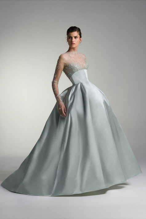 High-waisted duchess satin ball gown with beaded bodice, commemorating the ballerina in Nonna Domenica’s music box. Ball Room Dress, Blue Wedding Gowns, Paolo Sebastian, Satin Ball Gown, Duchess Satin, Blue Wedding Dresses, Beaded Bodice, Polka Dress, Gala Dresses