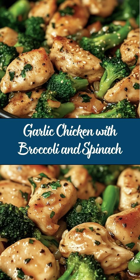 This one-pan Garlic Chicken with Broccoli and Spinach is a flavorful, healthy, and quick dinner option. Tender chicken breast is sautéed with fresh garlic, then combined with vibrant broccoli and spinach for a nutrient-packed dish. Perfect for busy weeknights, this recipe pairs wonderfully with rice, pasta, or quinoa. Healthy Chicken Dinner Clean Eating, Garlic Butter Chicken And Broccoli, Chicken Meals Dinners Healthy Recipes, Easy High Protein Chicken Meals, Fresh And Healthy Recipes, Easy Dinner Meal Prep For The Week, Dinner Ideas For High Cholesterol, Chicken With Kale Recipes, Chicken Breast Vegetable Recipes