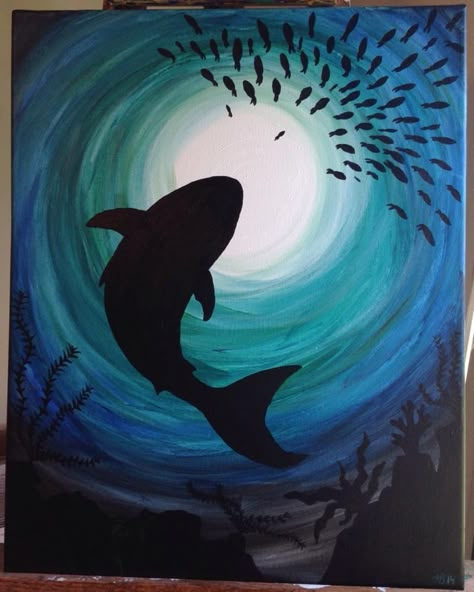 Underwater Silhouette Painting, Sillohette Projects Art, Drawing Of Underwater, Ocean Animals Painting Acrylic Easy, Ocean Animal Paintings Easy, Shark Painting Ideas, Whale Painting Easy, Underwater Art Drawing, Save Water Painting