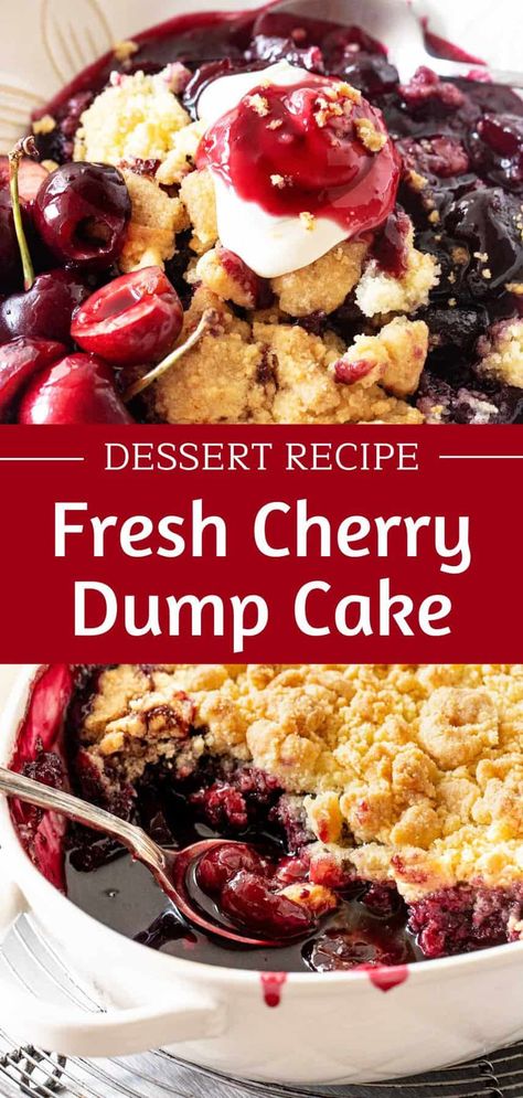 A quick & easy dessert, this dump cake has a layer of homemade fresh cherry pie filling and buttery cobbler-like topping made with cake mix. It can be made ahead and freezes well. Cherry Desserts With Frozen Cherries, Sweet Cherry Desserts, Cherry Cobbler Recipe Fresh Cherries, Fresh Cherry Recipes Dessert, Easy Recipes Using Fresh Cherries, Cherry Supreme Dessert, Fresh Cherries Recipes Easy, Dump Cake With Frozen Fruit, Cherry Cobbler Cake Mix Recipe