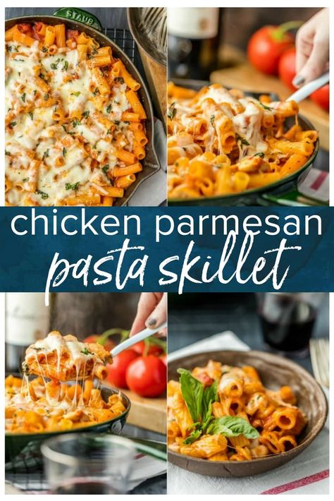 Chicken Parmesan Pasta Recipe uses only 6 ingredients and made in ONE PAN! This is our go-to easy dinner recipe anytime we are craving comfort food. A delicious chicken and pasta recipe everyone in the family will love! Skillet Chicken Parmesan for the win! #thecookierookie #chicken #pasta #onepanmeal Chicken Parmesan Pasta Recipe, Skillet Chicken Parmesan, Pasta Skillet, Chicken And Pasta, Skillet Pasta, Chicken Parmesan Pasta, Chicken Skillet Recipes, Parmesan Recipes, Parmesan Pasta