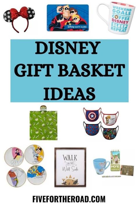 Disney gift basket ideas for the Disney lover in your life. Best Disney gifts for kids and adults. Read at FivefortheRoad.com. Disney Basket Ideas, Travel Basket Gift Ideas, Disney Gift Basket For Adults, Disney Raffle Basket Ideas, Disney World Gift Basket For Kids, Disney World Easter Basket, Disney Gift Basket, Disney World Gifts, Summer Gift Baskets