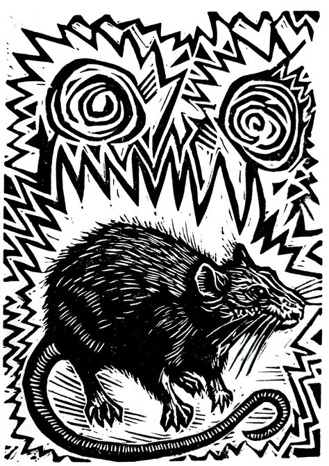 This little squeaker is sure to put the rat in your tat! This rat makes Austin proud and can be seen lording over 6th Street Downtown Austin! Limited edition - hand carved linocut prints - only 10 prints made! Three colors to choose from: Pink, Green, or Black Ink. These linocut prints are hand carved by Jason Wallerstein. Hand printed on Richeson 8x10 inch Printmaking Paper and the artwork measures 5.25X8 inches. All artwork is numbered, titled, and signed by Austin Artist and Printmaker, Jason Wallerstein. Relief Printmaking Ideas, Rat Linocut, Lino Artists, Linocut Texture, Printmaking Animals, Rabbit Linocut, Carved Prints, Print Making Ideas, Folklore Moodboard