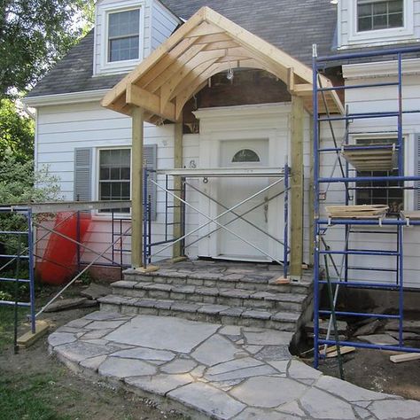 Arched Porch Canopy in 2022 | Porch canopy, Front porch addition, Porch makeover Cottage Portico Front Entry, Porch Overhang Front Door, Covered Porch With Step Down Patio, Adding Peak To Front Porch, Adding Covered Porch To Back Of House, Portico Roof Design, Cover Over Front Door Entrance, Adding A Gabled Front Porch, Adding Awning To Front Of House