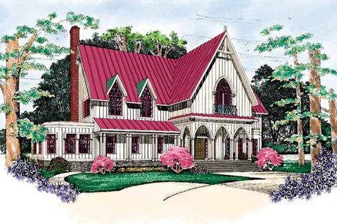 Craftsman Style House Plan - 4 Beds 3.5 Baths 3875 Sq/Ft Plan #72-975 Gothic Revival House Plans, Gothic House Plans, Gothic Exterior, Victorian House Plan, Carpenter Gothic, Gothic Revival House, Victorian House Plans, Craftsman Design, Modern Gothic