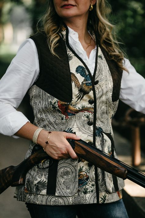 Our GameBirds Vest in brown trim may be customized with initials or a ranch brand. Upland Hunting Clothes, Womens Hunting Clothes, Women Hunting, Hunter Dress, British Country Style, Gamebirds, Hunting Apparel, Upland Hunting, British Country