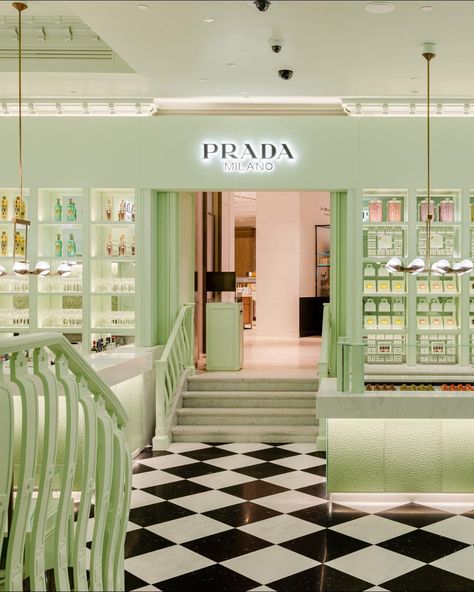 London Harrods, Prada Store, Green Wall Color, Pop Up Cafe, London Interior, Interior Design Presentation, Booth Seating, Black And White Tiles, Minimal Home