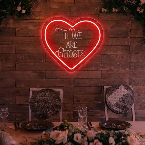 Let this "Til We Are Ghosts" neon light add to the atmosphere of a gothic wedding. Meticulously designed and crafted, this "Til We Are Ghosts" neon sign features a heart embossed model that creates a 3D effect from the sides and top, mounted on a clear acrylic backing for durability, and is available in a variety of styles, colors, and sizes so you can customize it to your liking. Whether you want to use it as a backdrop decoration for your wedding, to create a unique atmosphere at your wedding Ghost Wedding Aesthetic, Goth Engagement Party, Halloween Wedding Aesthetic, Dark Romance Wedding Theme, Alternative Wedding Decor, Goth Wedding Ideas, Dark Wedding Aesthetic, Romantic Goth Wedding, Gothic Wedding Decor