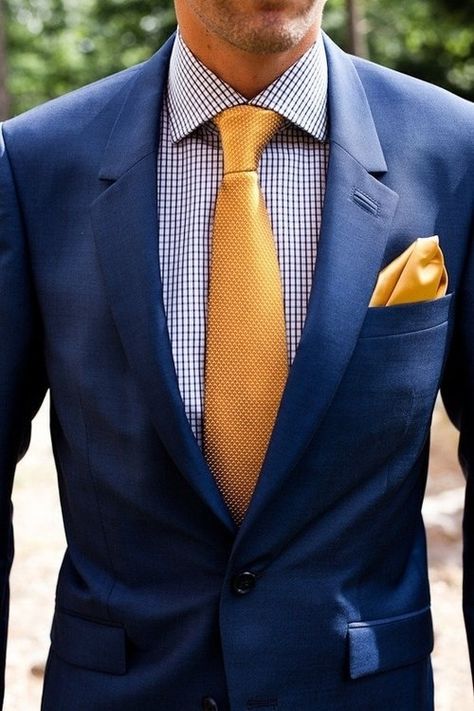 Nice touch of #Gold Groomsman Attire, Grooms Suits, Style College, Yellow Tie, Navy Suit, Orange Wedding, Groomsmen Attire, Groom Wear, Wedding Suit