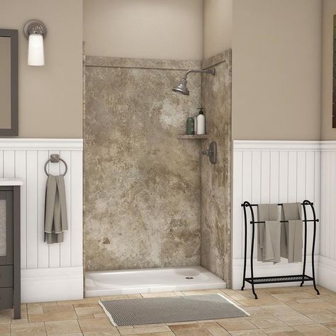 Flexstone Elegance 3 Mocha Travertine Panel Kit Shower Wall Surround (Common: 48-In X 36-In; Actual: 48-In X 36-In) Ssk4 Above Shower Surround Ideas, Bathroom Conversion, Restore Wood, Wall Material, Shower Wall Panels, Shower Walls, Shower Base, Tub And Shower, Shower Surround