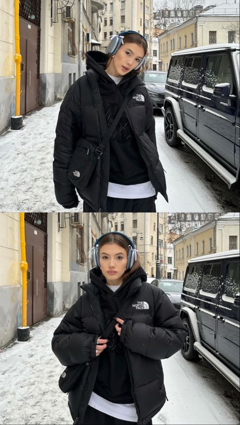 The North Face Winter Jacket, Montreal Outfit Winter, Big Puffer Jacket Outfit, Northface Jacket Outfits, The North Face Puffer Jacket Outfit, Northface Jacket Outfit, Puffer Jacket Outfit Aesthetic, The North Face Outfit, North Face Puffer Jacket Outfit