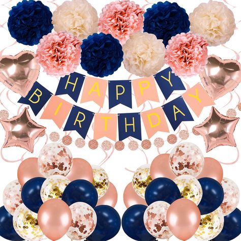 PRICES MAY VARY. HIGH QUALITY MATERIAL - Our birthday party set are certified and thoroughly tested. made of ECO-friendly Foil and rubbery .Easy to use and NOT easy to burst.high quality,safe and non-toxic.navy and rose gold printed letters will catch the attention of your loved ones when shimmer in the light. Hanging swirl can be reused several times in different occasions. PACKAGE INCLUDES - You will get a valuable package of 1 x navy and rose gold"HAPPY BIRTHDAY" bannner(16in),6x rose gold sw Rose Gold Birthday Decorations, Gold Birthday Party Decorations, Gold Birthday Decorations, Happy Birthday Balloon Banner, Rose Gold Birthday, Rose Gold Party Decor, Champagne Birthday, 40th Birthday Party Decorations, Rose Gold Print