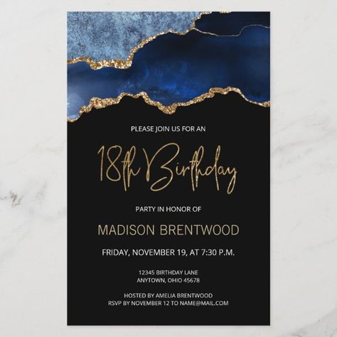 Budget Agate Blue Gold 18th Birthday Invite 18th Birthday Invites, Modern Handwriting, 90th Birthday Invitations, 30th Birthday Party Invitations, 40th Birthday Party Invites, 70th Birthday Invitations, 80th Birthday Invitations, 50th Birthday Party Invitations, 21st Birthday Invitations