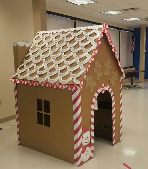 Cardboard gingerbread playhouse Makerspace team 2016 Gingerbread Playhouse, Cardboard Gingerbread, Cardboard Gingerbread House, Gingerbread House Ideas, Christmas Parade Floats, Ginger Bread House Diy, Candy Decorations Diy, Ward Christmas Party, Whimsical Christmas Decor