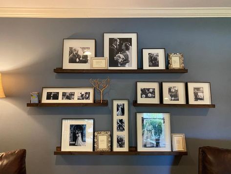 Photo Ledge Display, Ledge Floating Shelves, Picture Shelf Wall, Ledge Wall, Book Ledge, Wall Ledge, Photowall Ideas, Picture Ledge Shelf, Photo Ledge